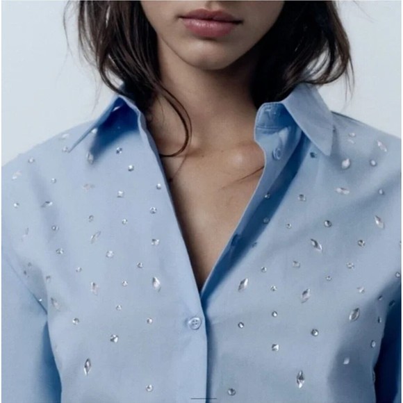 ZARA NWT WOMAN Beaded Poplin SHIRT TOP BLUE Sz: M - Picture 1 of 7